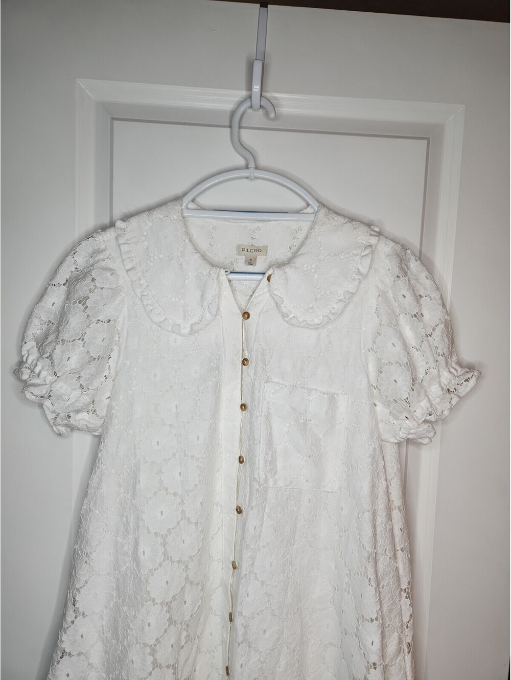 New Pilcro Ruffle Shift Dress Women's M Pockets Ivory Wht Eyelet Lace Embroidere - Picture 4 of 9